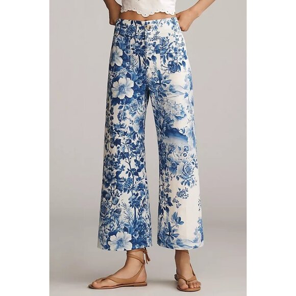 Anthropologie Colette Crop Linen Pants Wide Leg Maeve Blue Floral Size 30 NEW - Picture 1 of 2